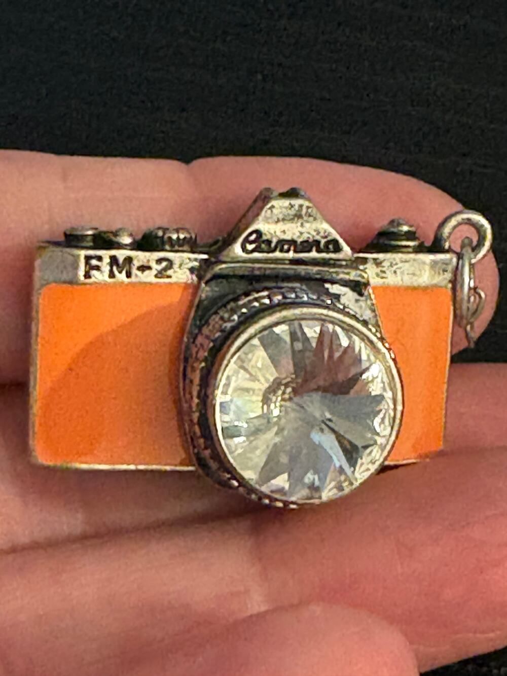 Vintage Orange Enamel Camera Rhinestone Pendant
